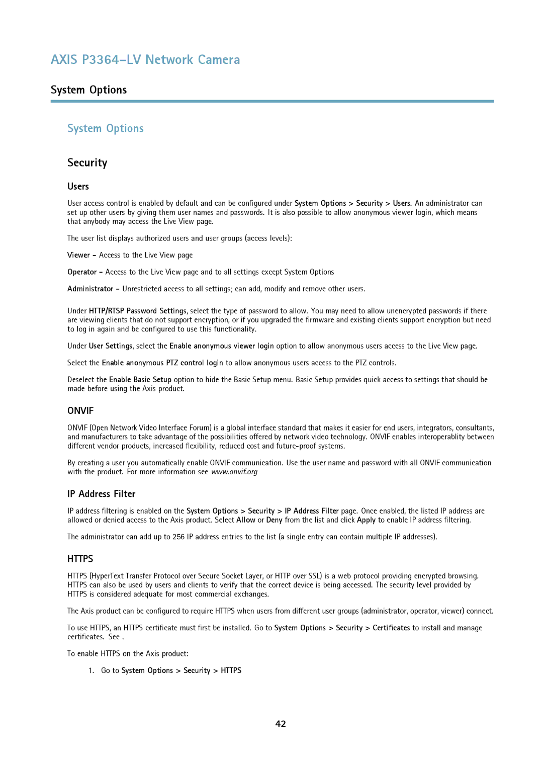 Axis Communications P3364-LV user manual System Options, Security, Users, IP Address Filter 