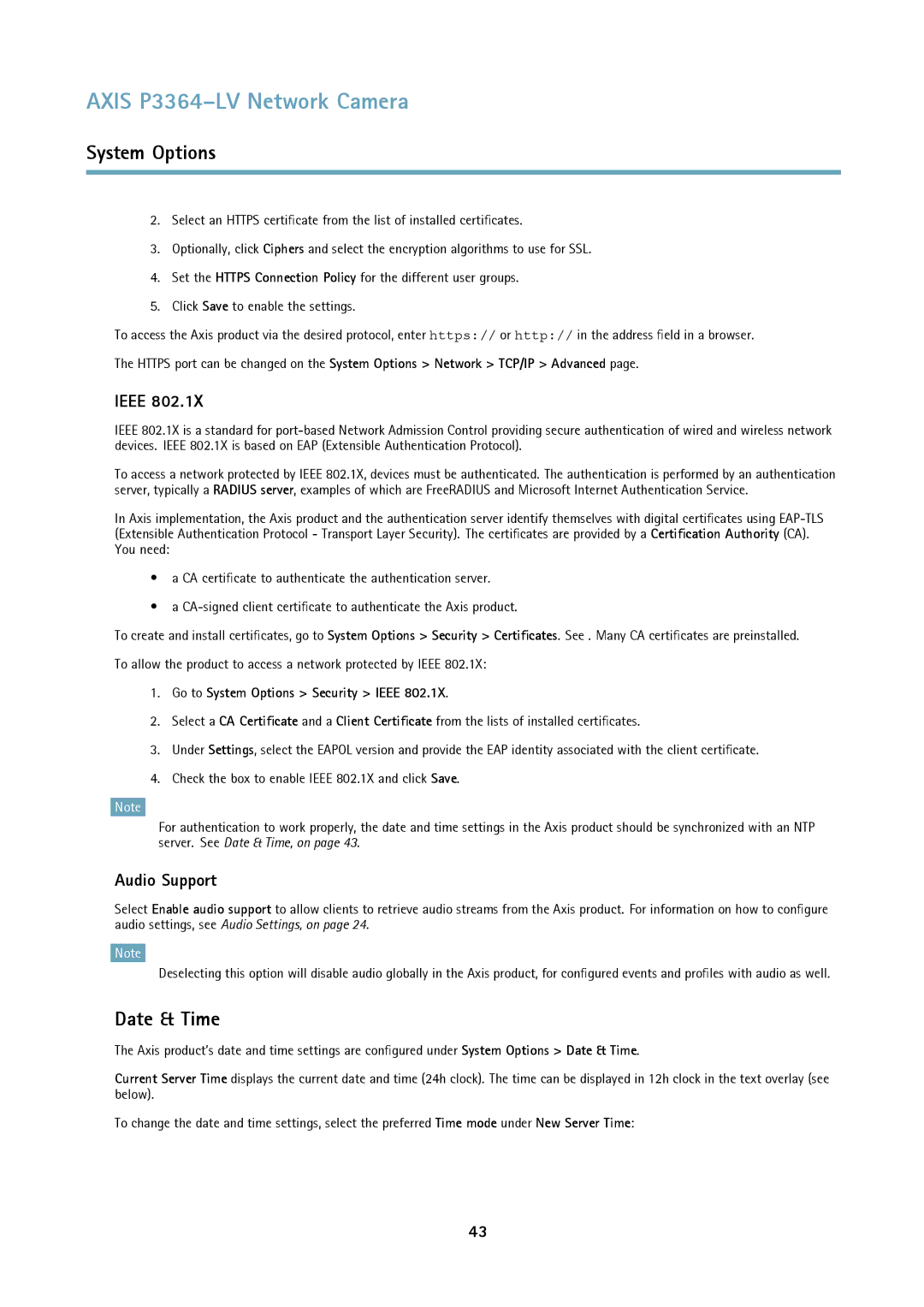 Axis Communications P3364-LV user manual Date & Time, Audio Support, Go to System Options Security Ieee 