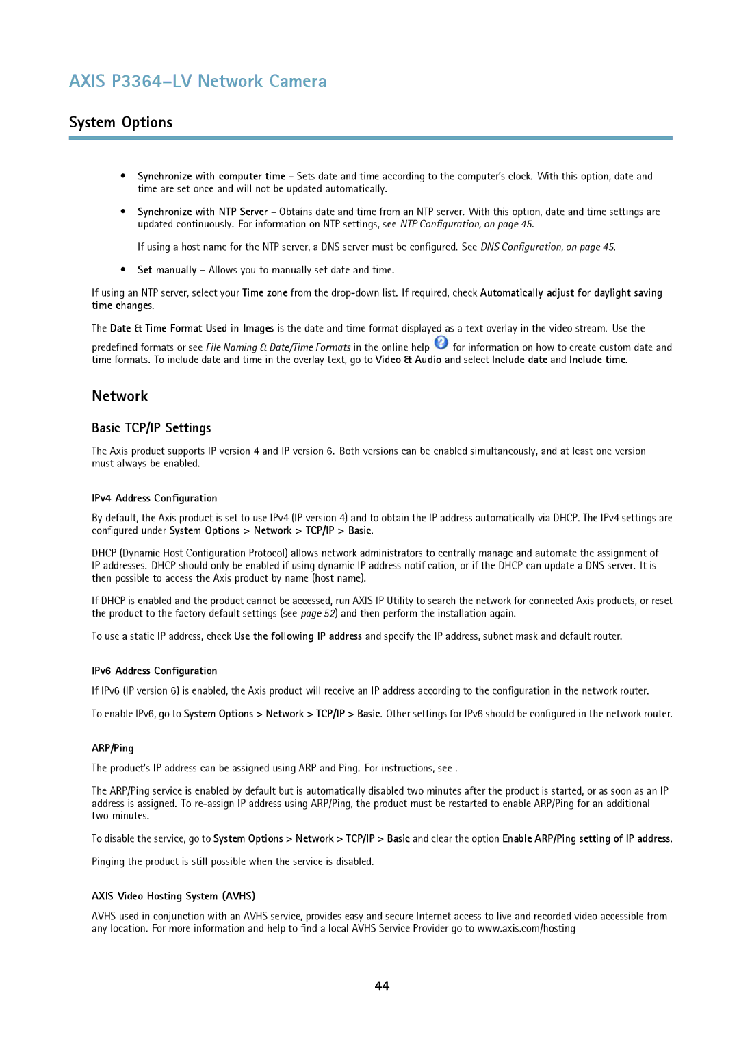 Axis Communications P3364-LV user manual Network, Basic TCP/IP Settings 