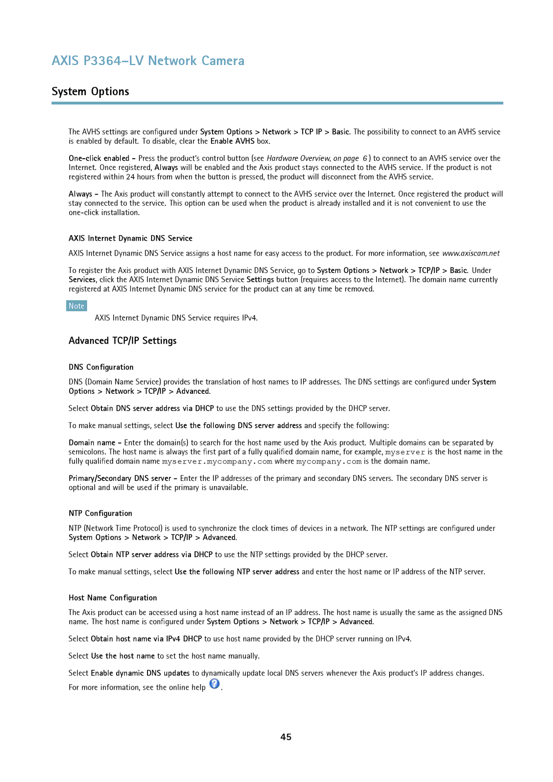 Axis Communications P3364-LV user manual Advanced TCP/IP Settings, Axis Internet Dynamic DNS Service, DNS Configuration 