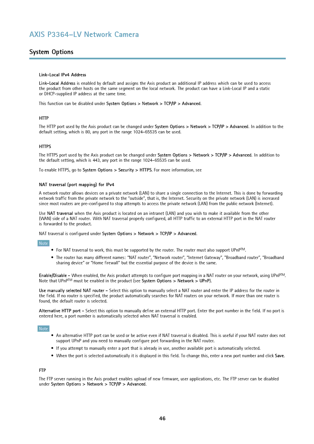 Axis Communications P3364-LV user manual Link-Local IPv4 Address, NAT traversal port mapping for IPv4 