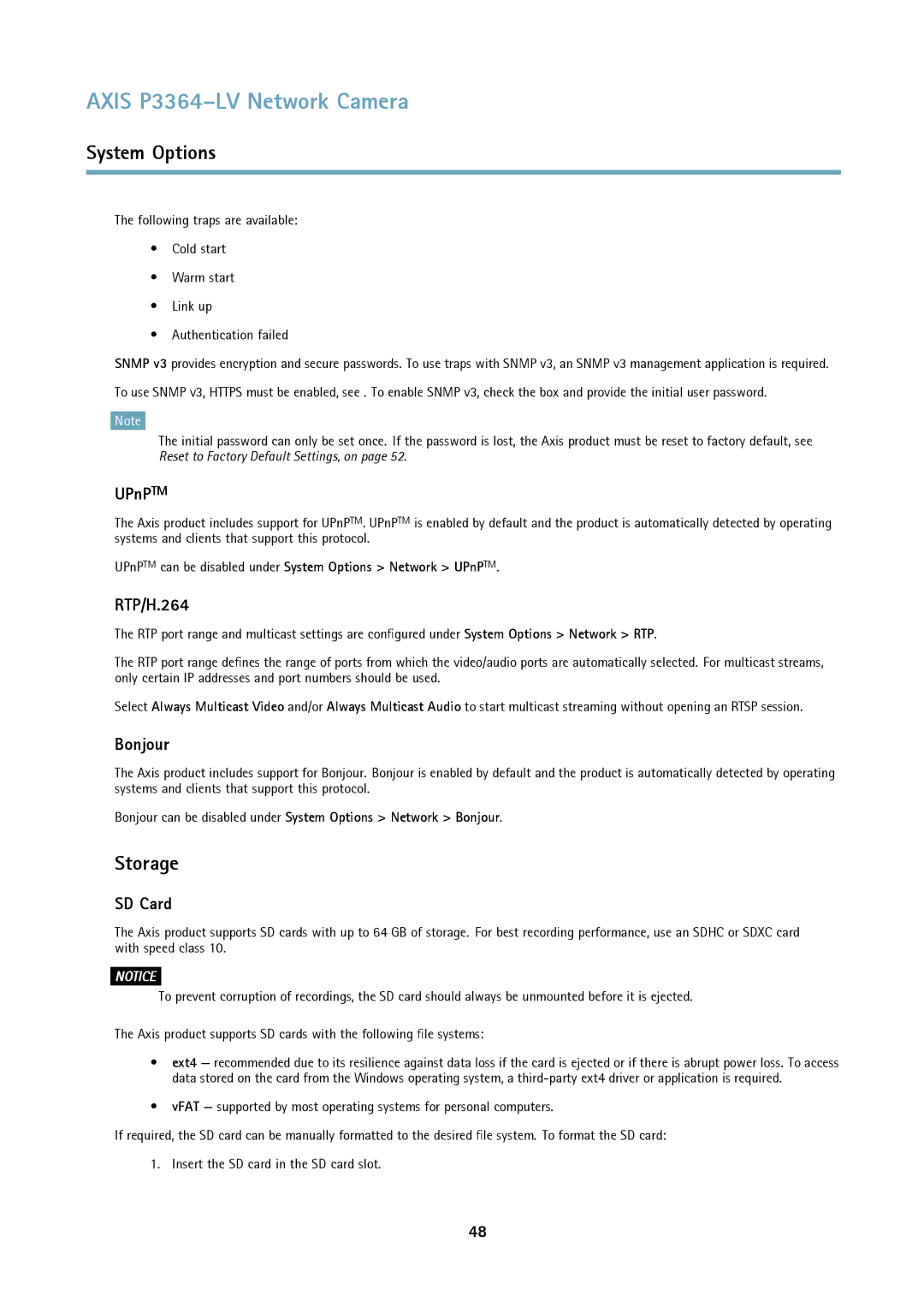 Axis Communications P3364-LV user manual Storage, UPnPTM, RTP/H.264, Bonjour, SD Card 