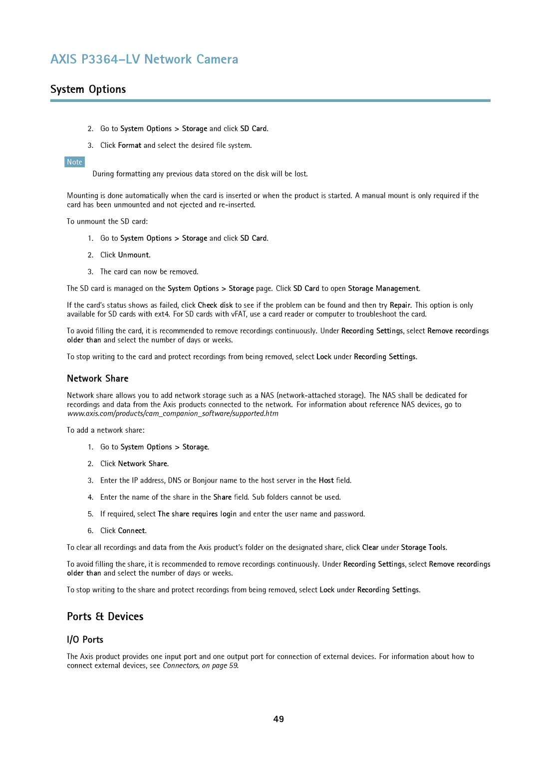 Axis Communications P3364-LV user manual Ports & Devices, Network Share, Go to System Options Storage and click SD Card 