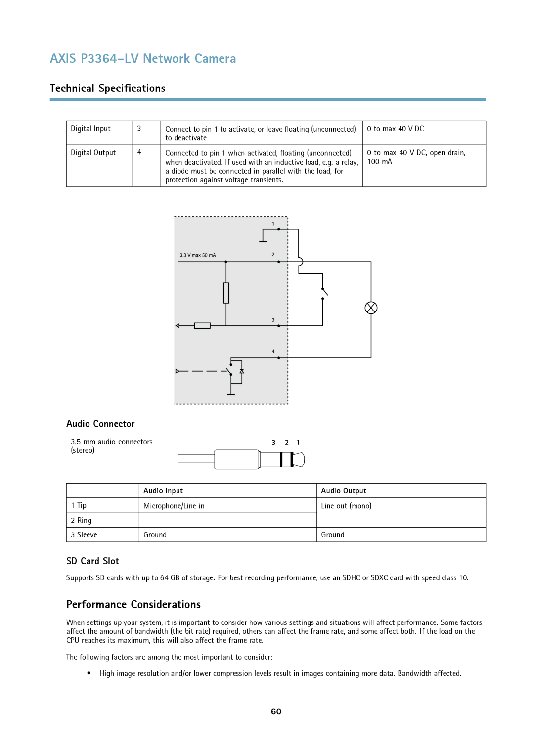 Axis Communications P3364-LV user manual Performance Considerations, Audio Input Audio Output 