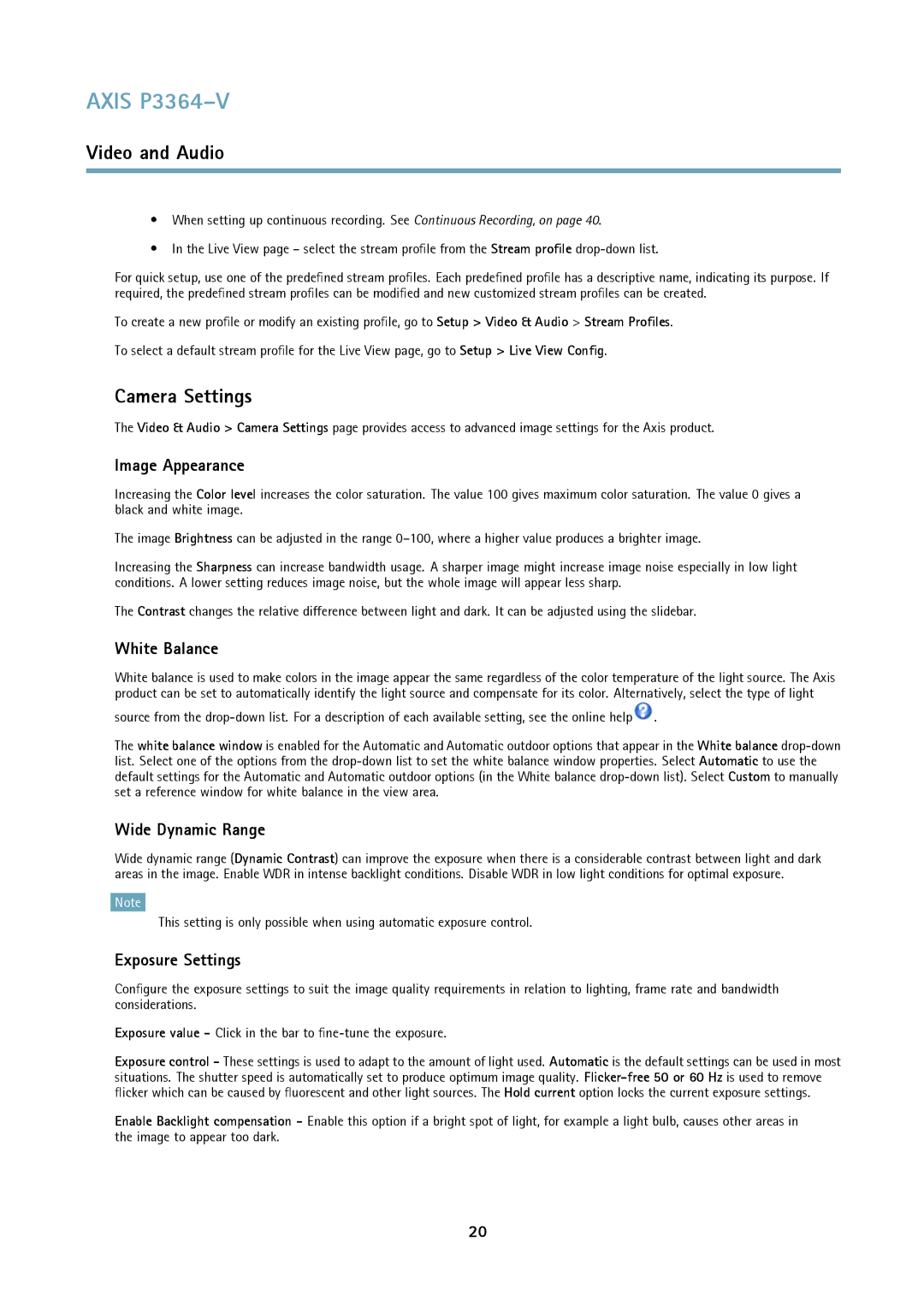 Axis Communications P3364-V Camera Settings, Image Appearance, White Balance, Wide Dynamic Range, Exposure Settings 