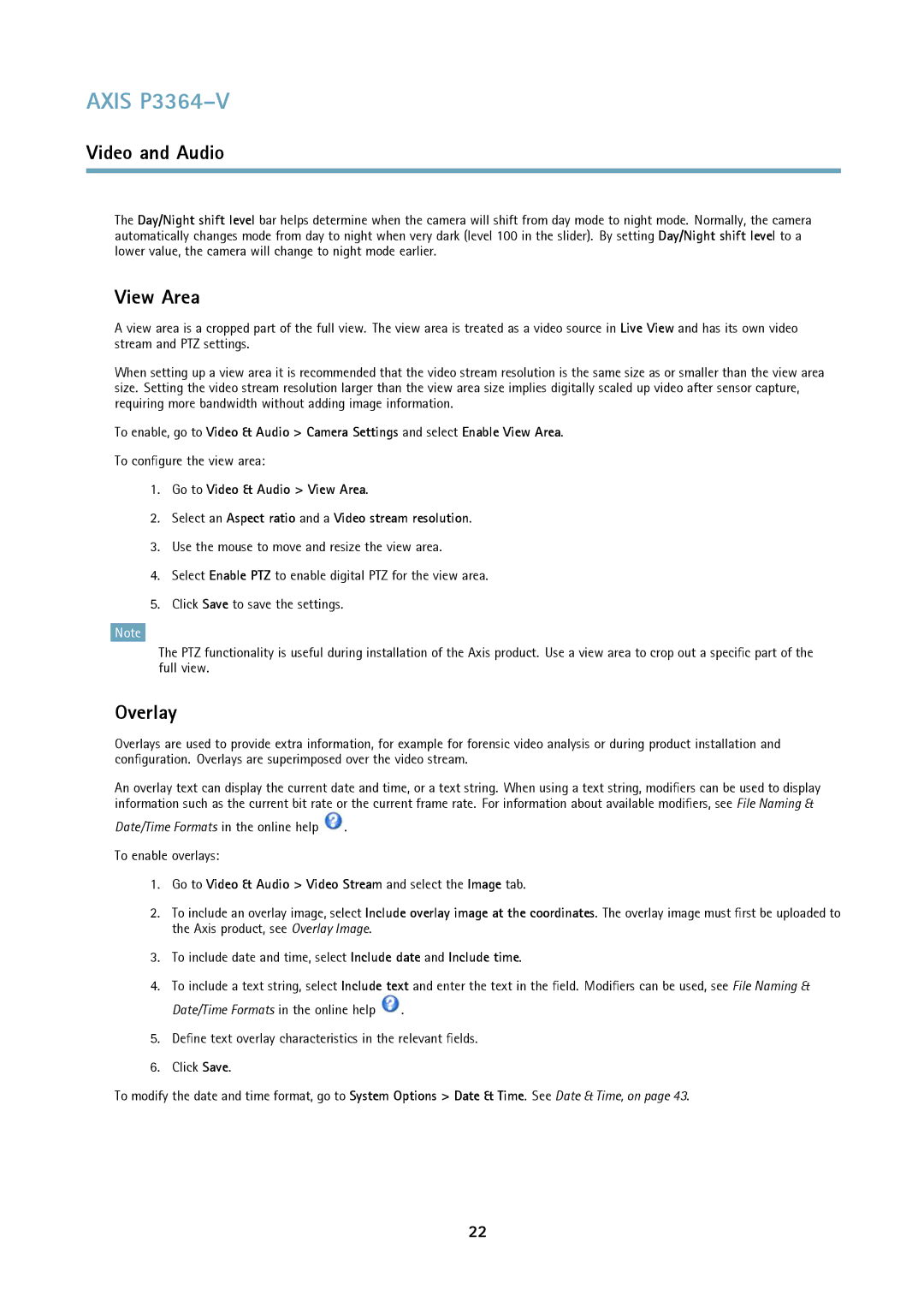 Axis Communications P3364-V user manual View Area, Overlay, To configure the view area 