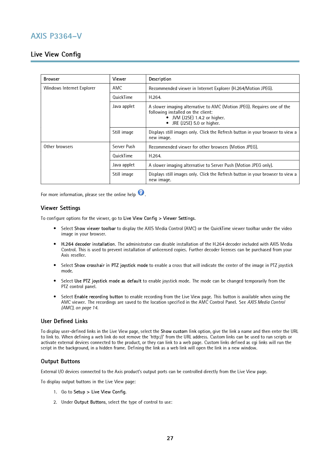 Axis Communications P3364-V user manual Viewer Settings, User Defined Links, Output Buttons, Browser Viewer Description 