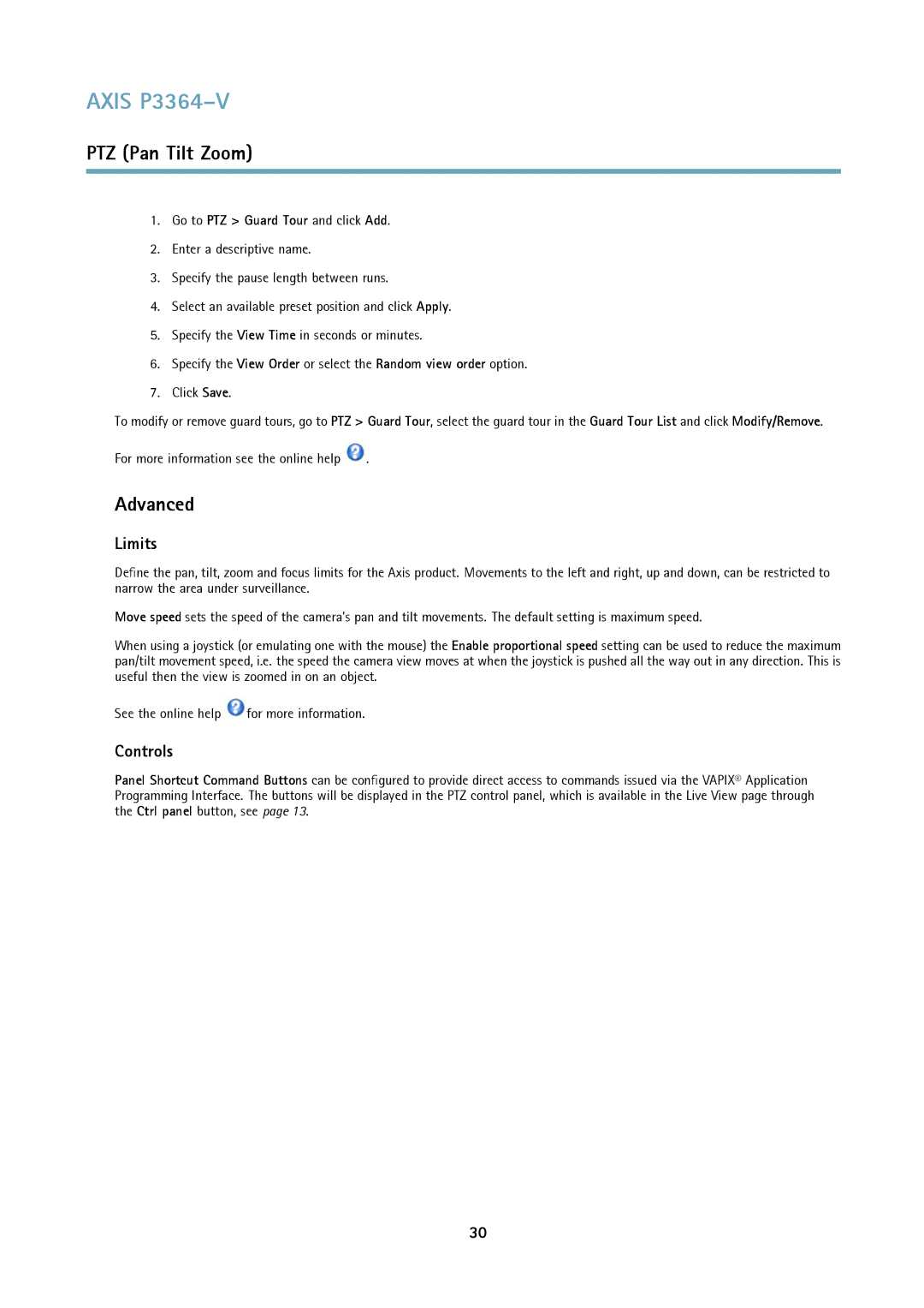 Axis Communications P3364-V user manual Advanced, Limits, Controls, Go to PTZ Guard Tour and click Add 