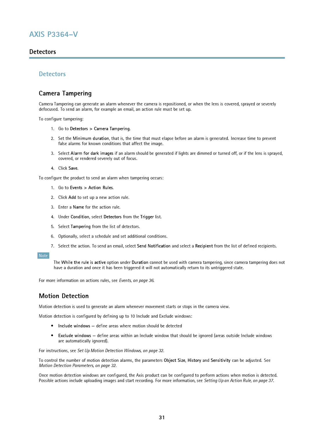 Axis Communications P3364-V user manual Detectors, Camera Tampering, Motion Detection 