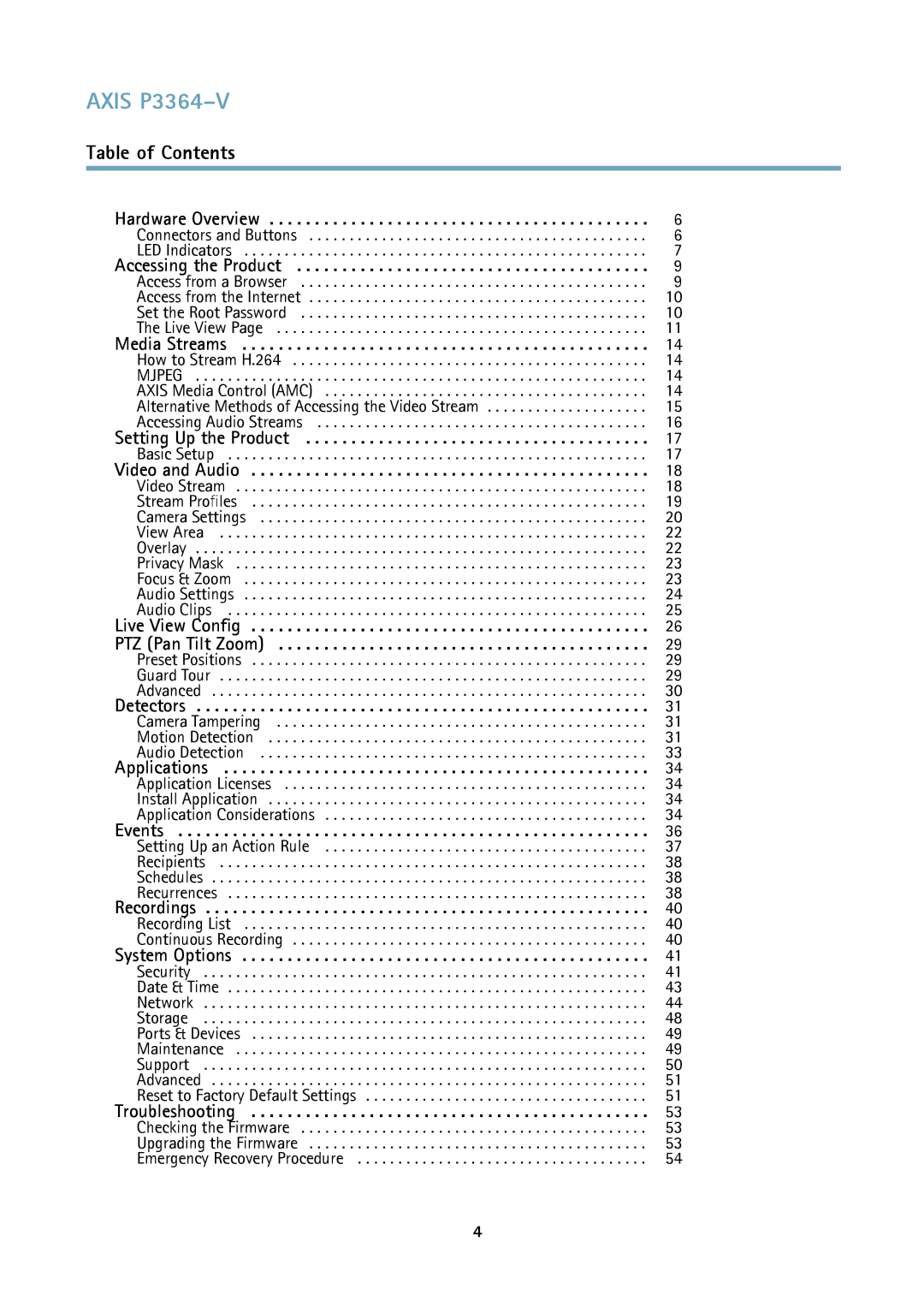 Axis Communications user manual Axis P3364-V, Table of Contents 