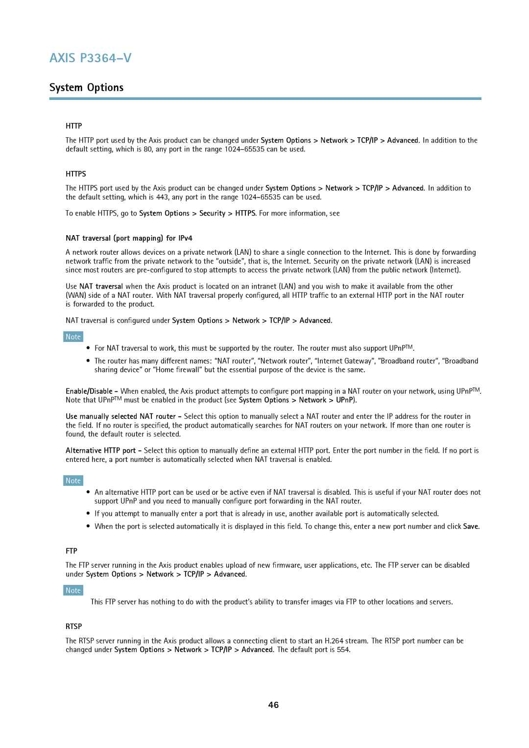 Axis Communications P3364-V user manual Http, NAT traversal port mapping for IPv4 