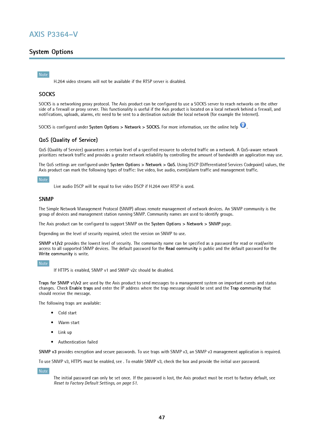 Axis Communications P3364-V user manual Socks, QoS Quality of Service 