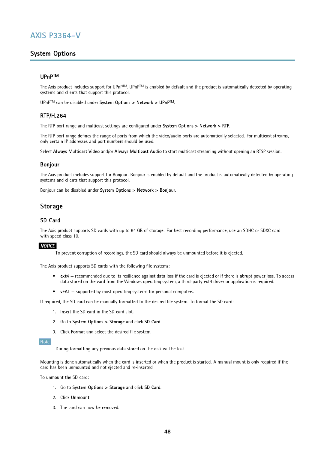 Axis Communications P3364-V user manual Storage, UPnPTM, RTP/H.264, Bonjour, SD Card 