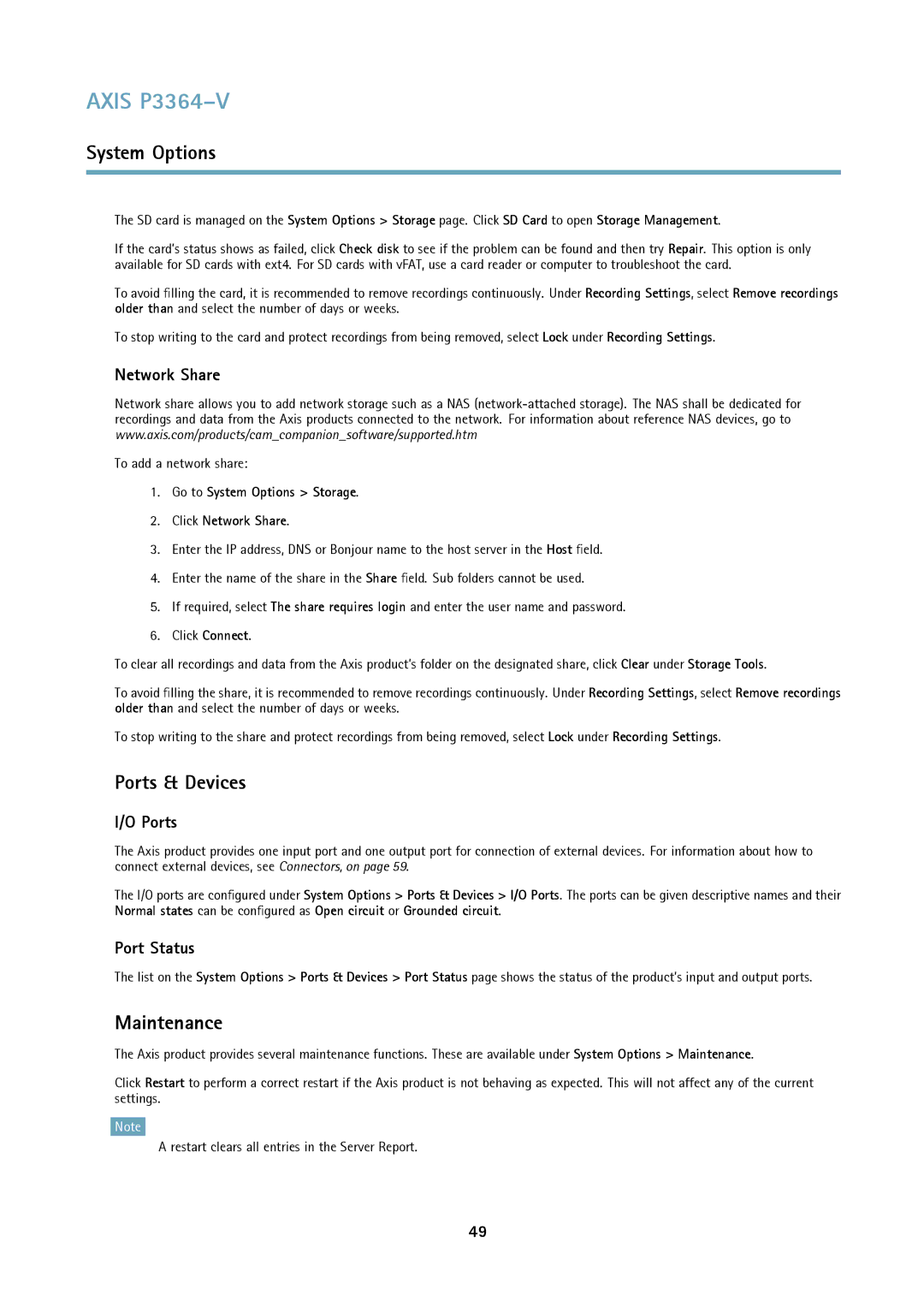 Axis Communications P3364-V user manual Ports & Devices, Maintenance, Network Share, Port Status 