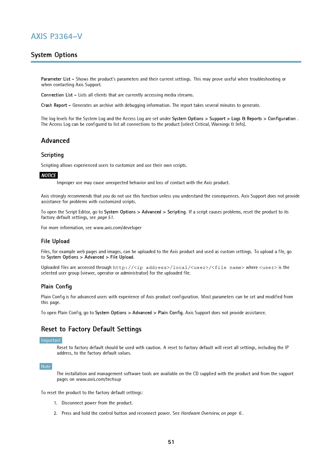 Axis Communications P3364-V user manual Reset to Factory Default Settings, Scripting, File Upload, Plain Config 