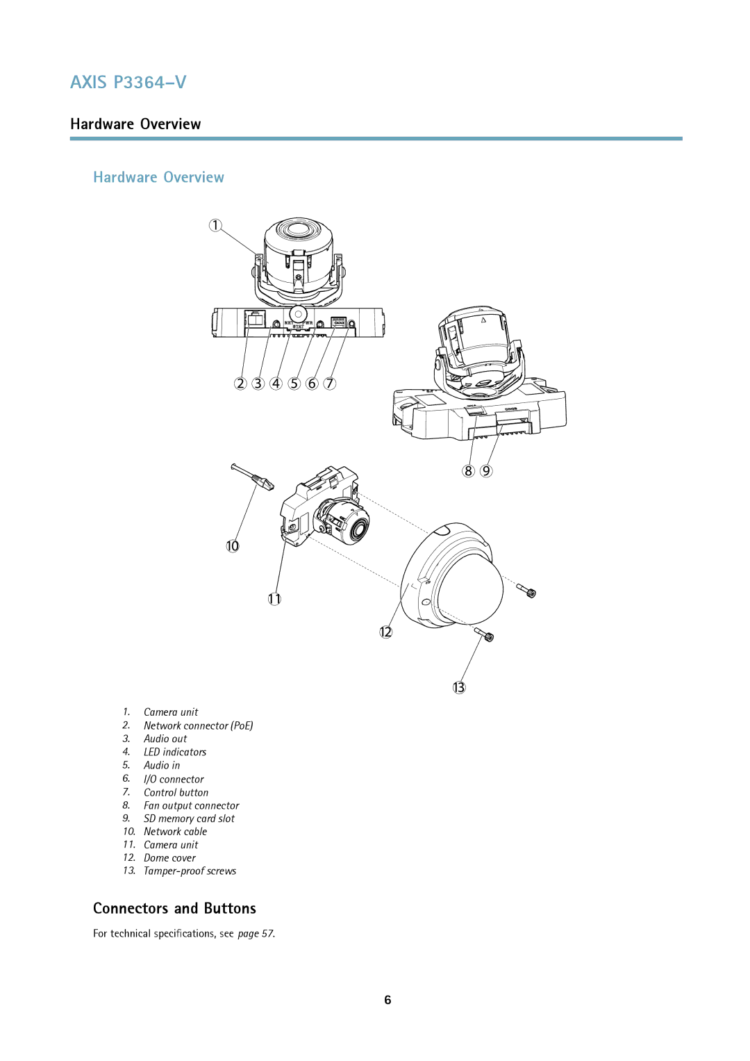 Axis Communications P3364-V user manual Hardware Overview, Connectors and Buttons, For technical specifications, see 