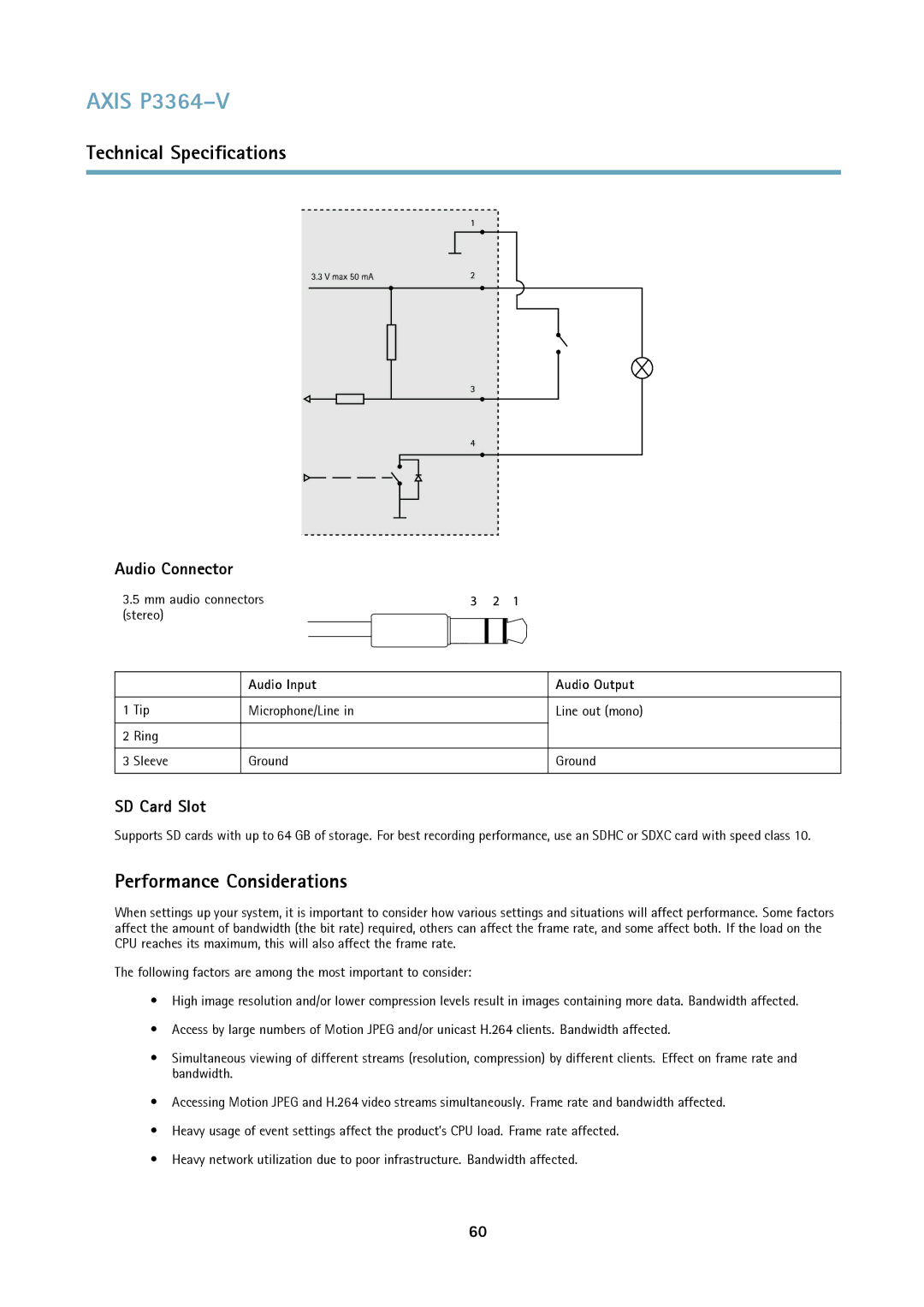 Axis Communications P3364-V user manual Performance Considerations, Mm audio connectors stereo, Audio Input Audio Output 