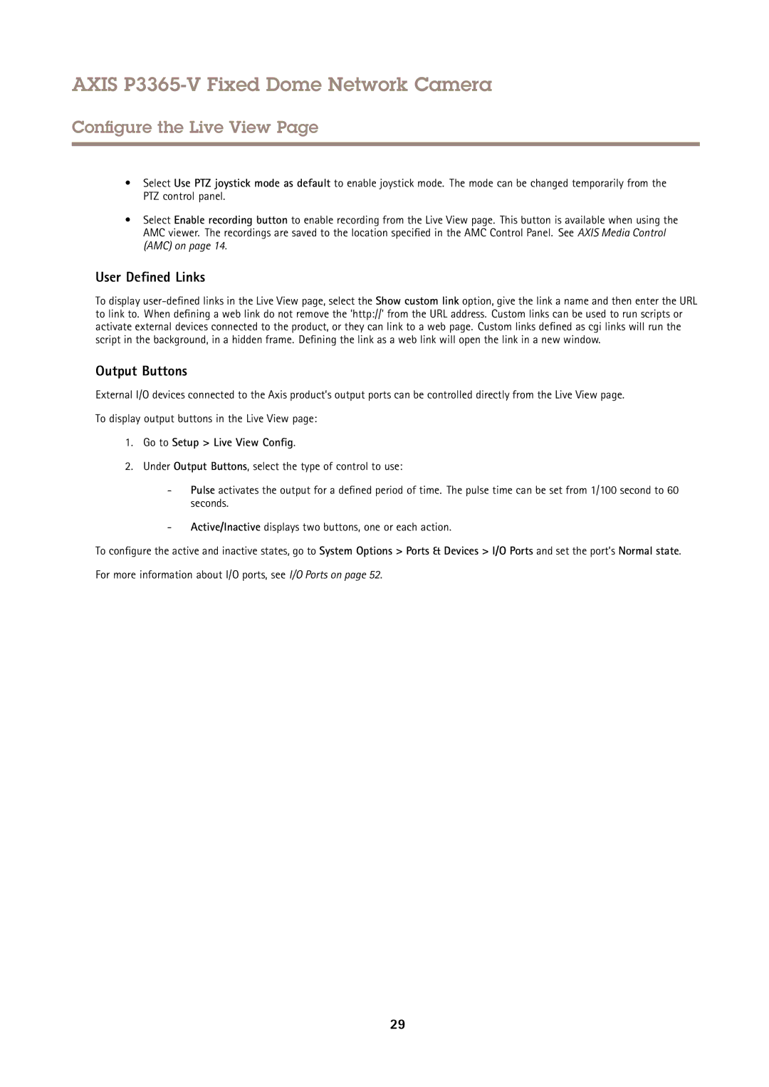 Axis Communications P3365-V user manual User Defined Links, Output Buttons, Go to Setup Live View Config 