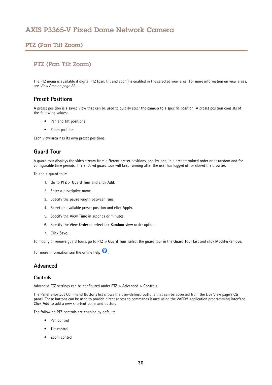 Axis Communications P3365-V user manual PTZ Pan Tilt Zoom, Preset Positions, Guard Tour, Advanced, Controls 