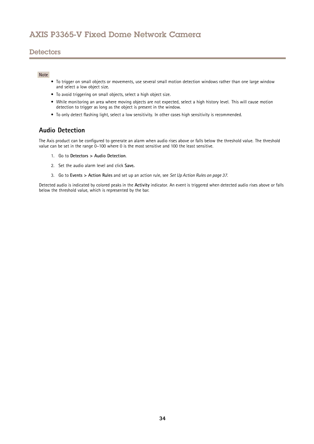 Axis Communications P3365-V user manual Go to Detectors Audio Detection 