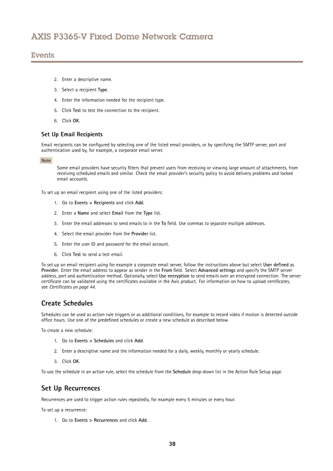 Axis Communications P3365-V user manual Create Schedules, Set Up Recurrences, Set Up Email Recipients 