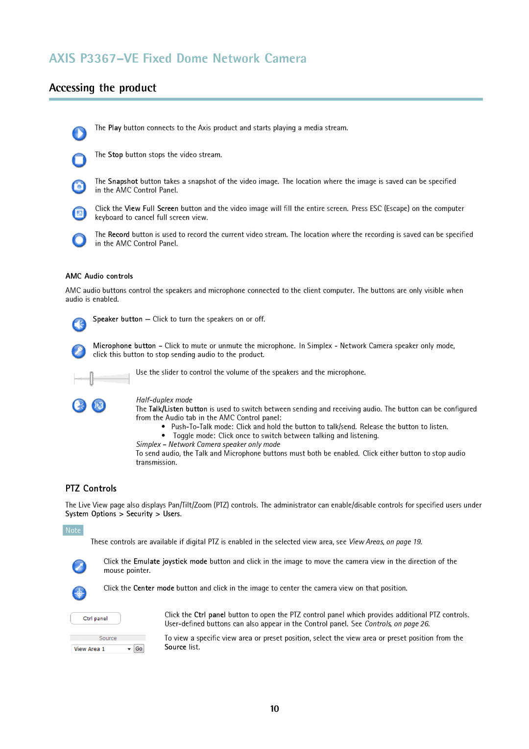 Axis Communications P3367-VE user manual PTZ Controls, AMC Audio controls, Source list 