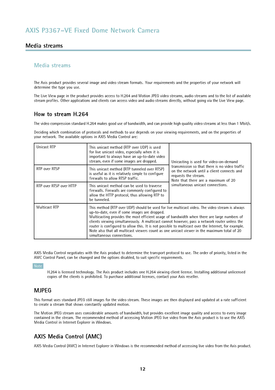 Axis Communications P3367-VE user manual Media streams, How to stream H.264, Axis Media Control AMC 