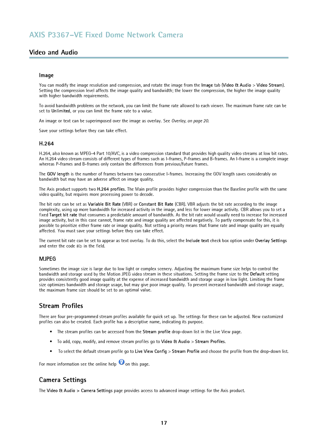 Axis Communications P3367-VE Stream Proﬁles, Camera Settings, Image, 264, For more information see the online help on this 