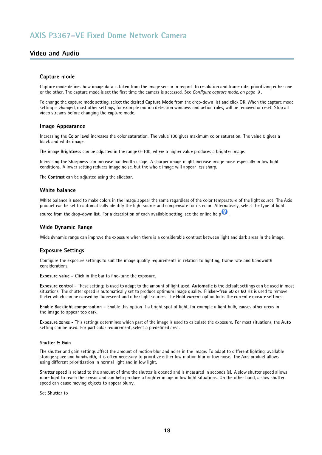 Axis Communications P3367-VE Capture mode, Image Appearance, White balance, Wide Dynamic Range, Exposure Settings 