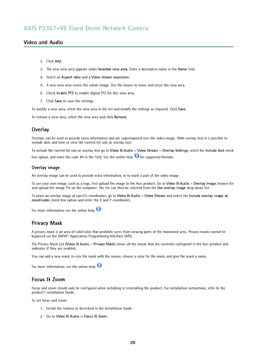 Axis Communications P3367-VE user manual Privacy Mask, Focus & Zoom, Overlay image 