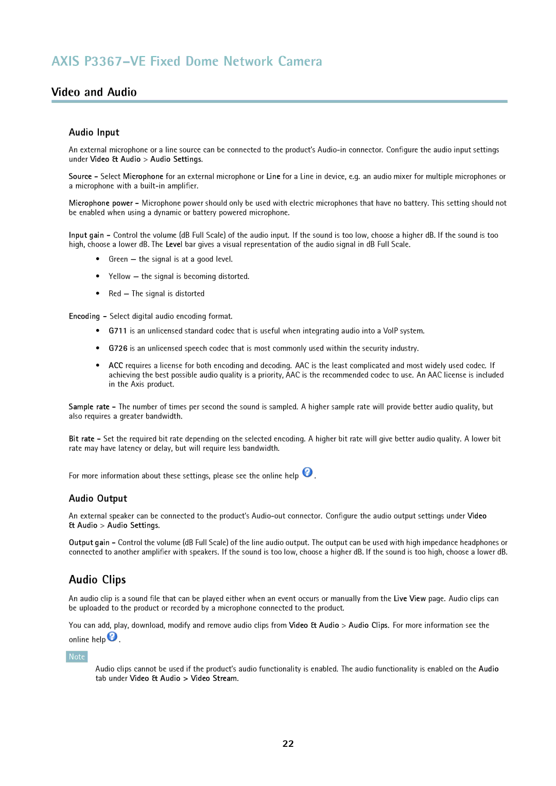 Axis Communications P3367-VE user manual Audio Clips, Audio Input, Audio Output 