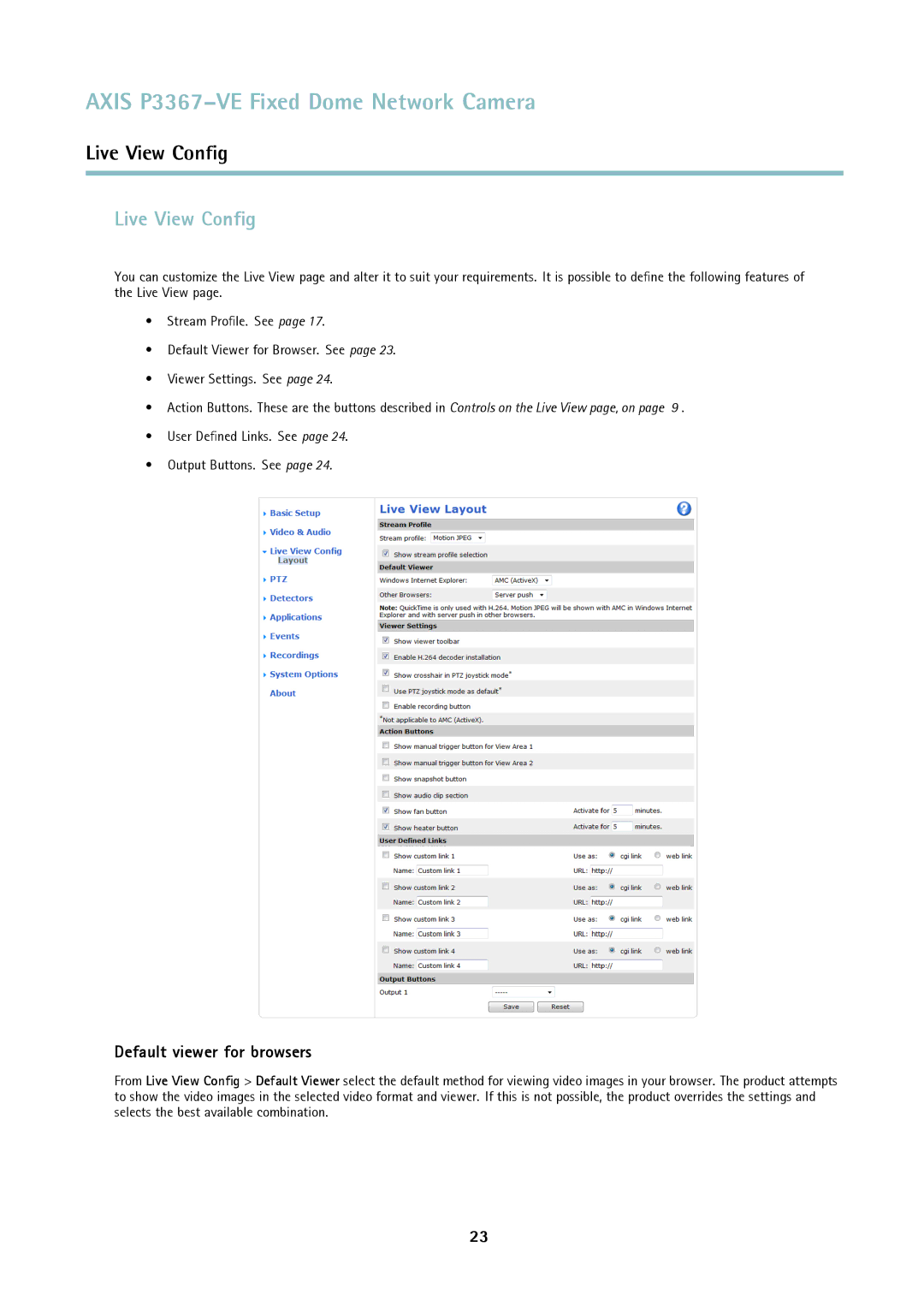 Axis Communications P3367-VE user manual Live View Conﬁg, Default viewer for browsers 