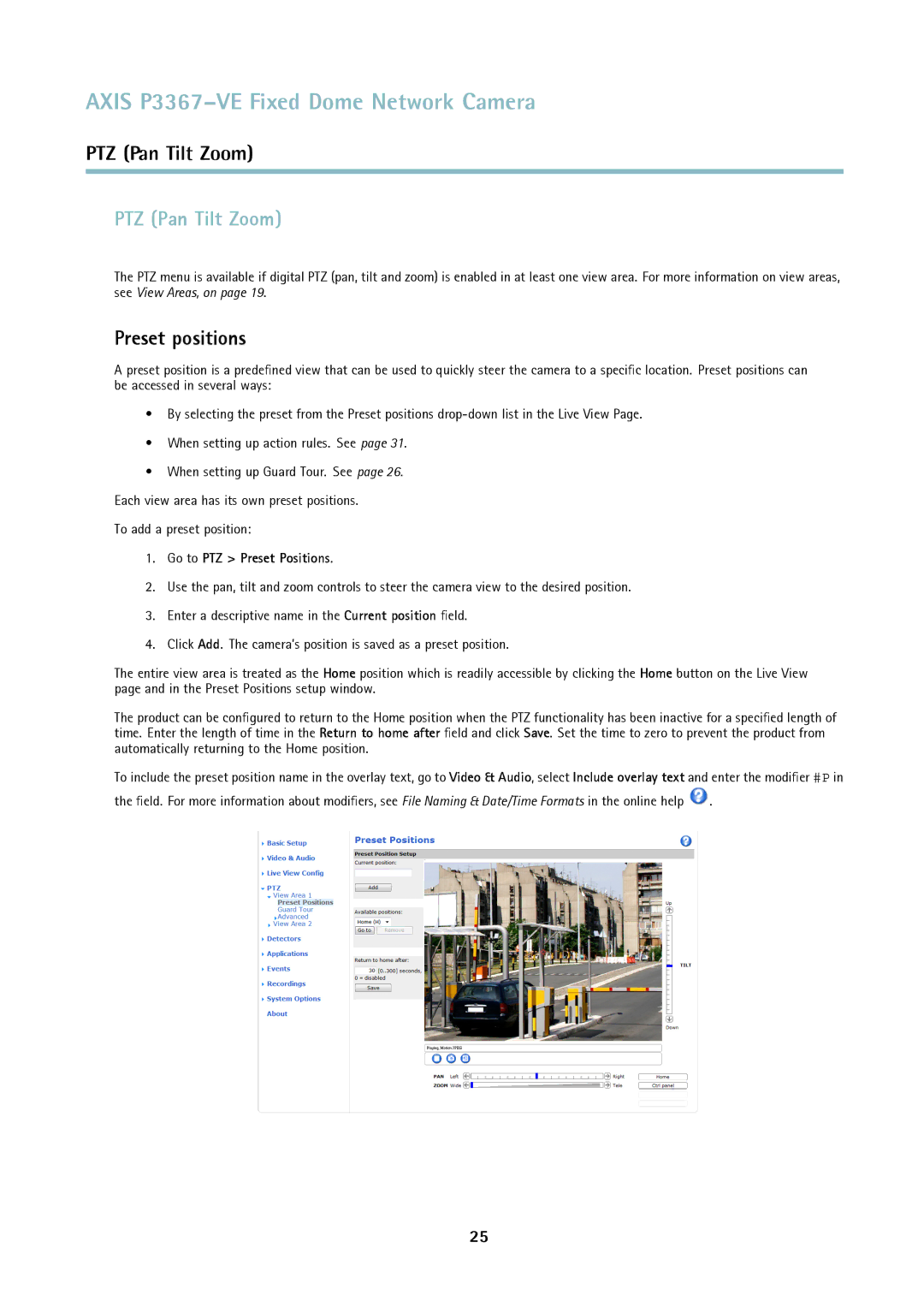 Axis Communications P3367-VE user manual PTZ Pan Tilt Zoom, Preset positions, Go to PTZ Preset Positions 