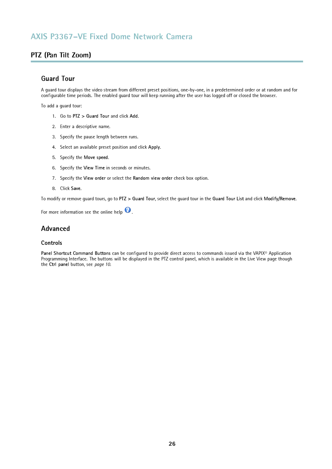 Axis Communications P3367-VE user manual Advanced, Controls, To add a guard tour, Go to PTZ Guard Tour and click Add 