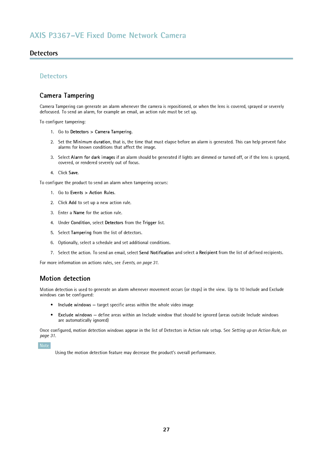 Axis Communications P3367-VE user manual Detectors, Camera Tampering, Motion detection 