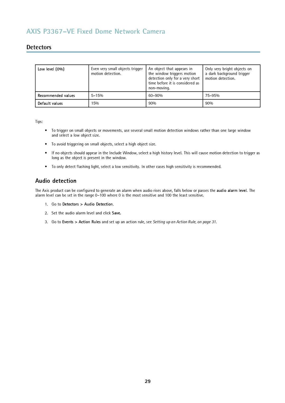 Axis Communications P3367-VE user manual Audio detection, Low level 0%, Recommended values, Default values 