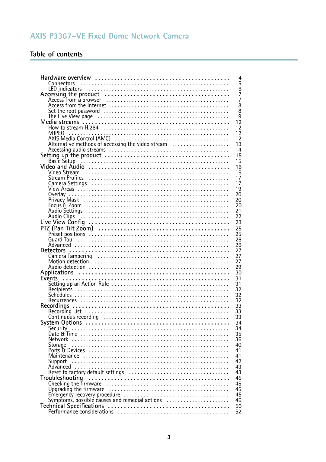 Axis Communications user manual Axis P3367-VE Fixed Dome Network Camera, Table of contents 