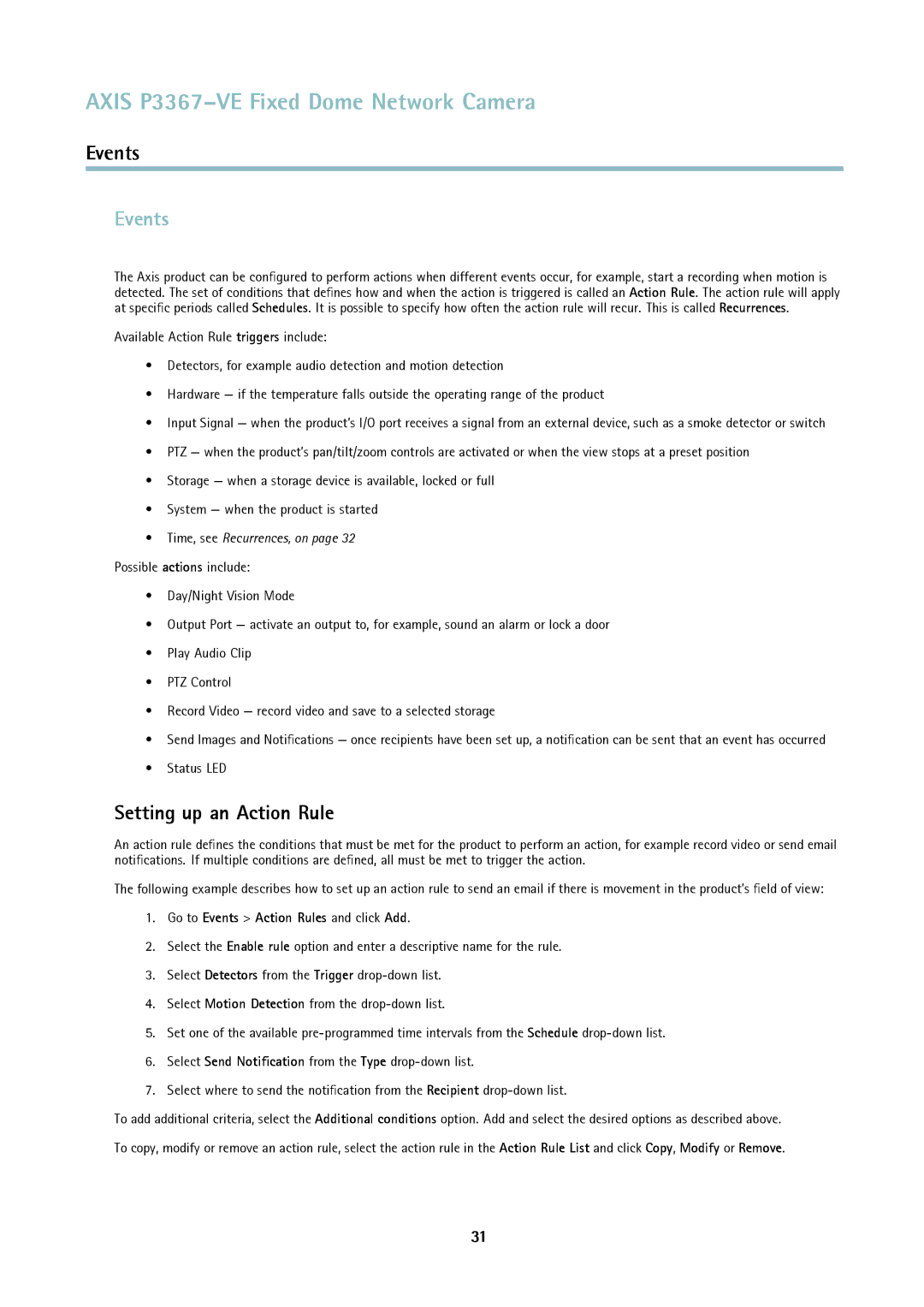 Axis Communications P3367-VE user manual Setting up an Action Rule, Status LED, Go to Events Action Rules and click Add 