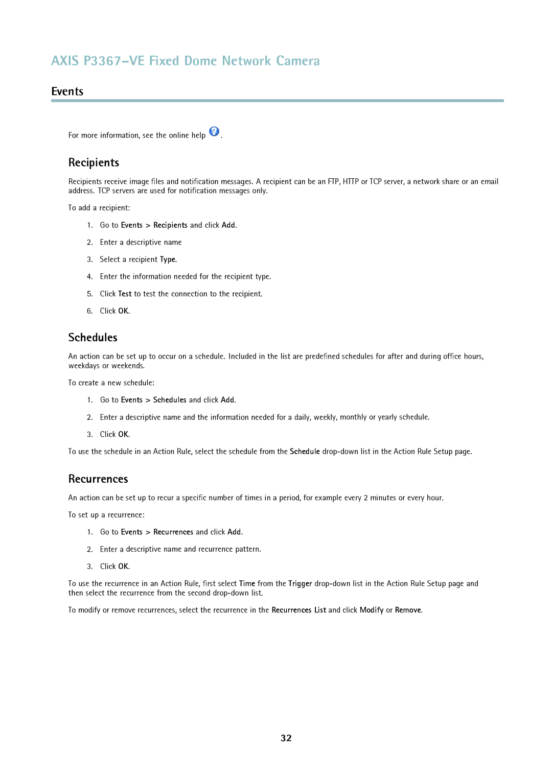 Axis Communications P3367-VE user manual Recipients, Schedules, Recurrences 