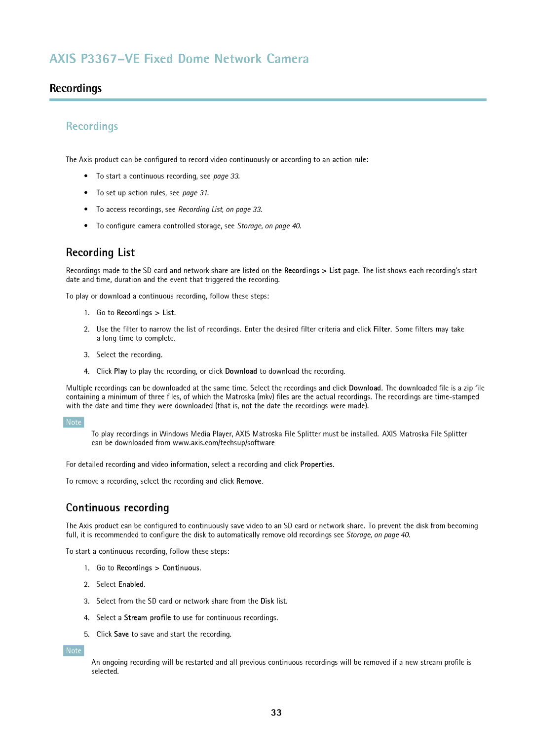 Axis Communications P3367-VE user manual Recordings, Recording List, Continuous recording 