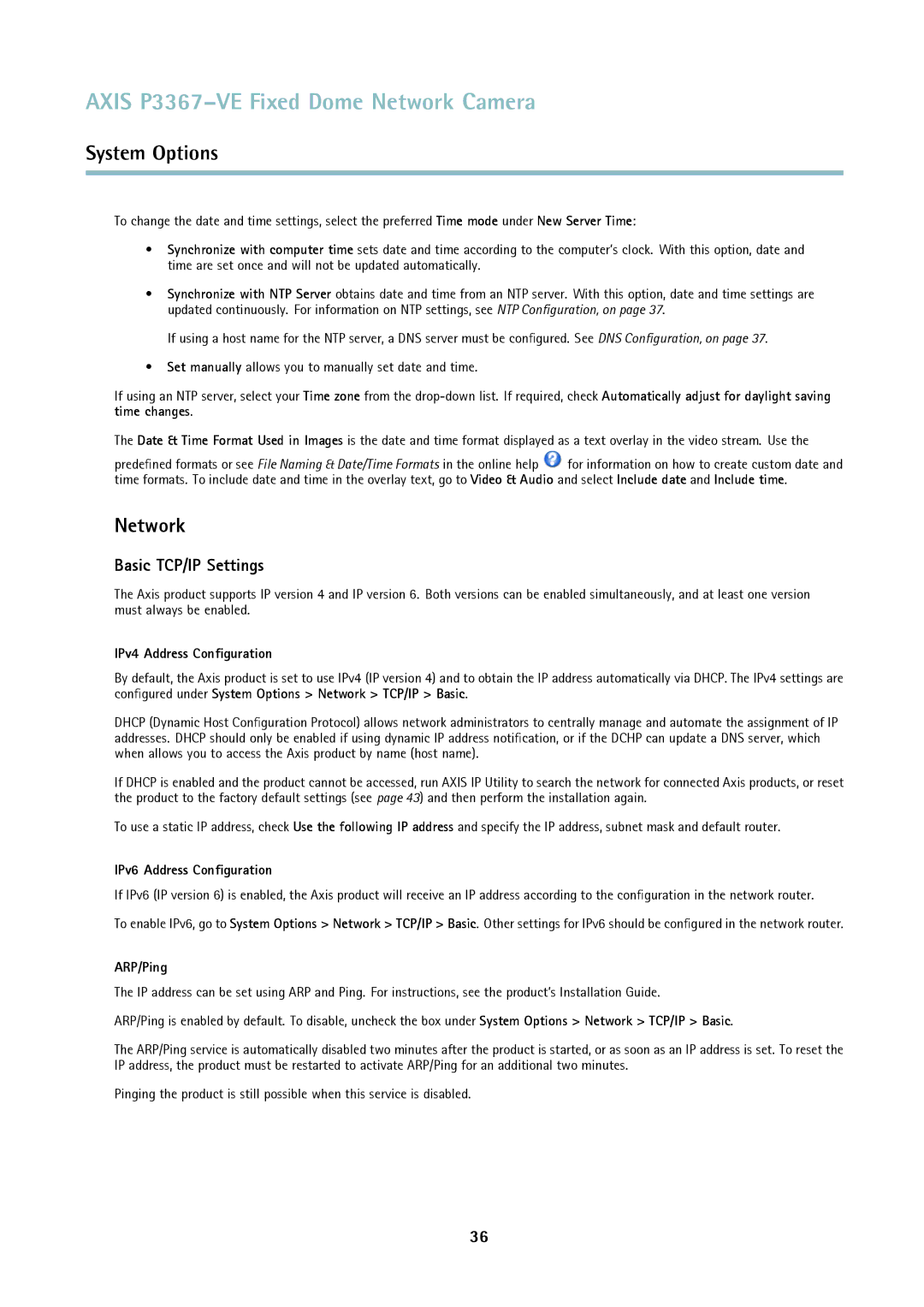 Axis Communications P3367-VE Network, Basic TCP/IP Settings, IPv4 Address Conﬁguration, IPv6 Address Conﬁguration 