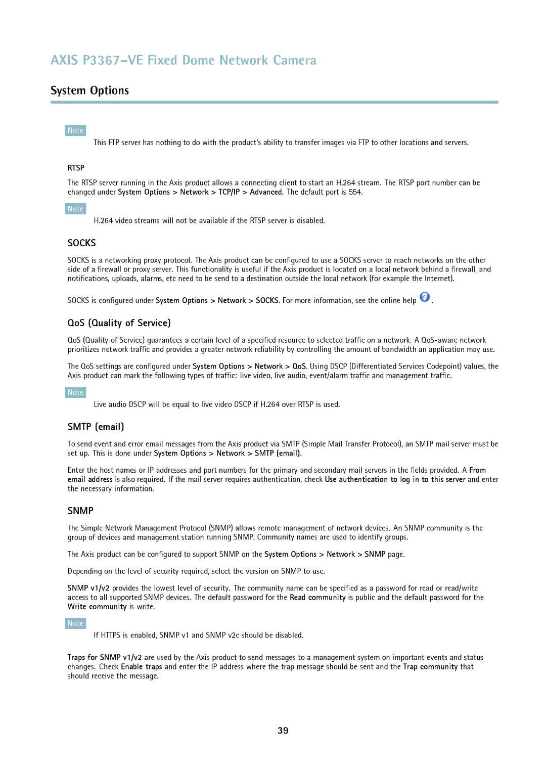 Axis Communications P3367-VE user manual QoS Quality of Service, Smtp email 