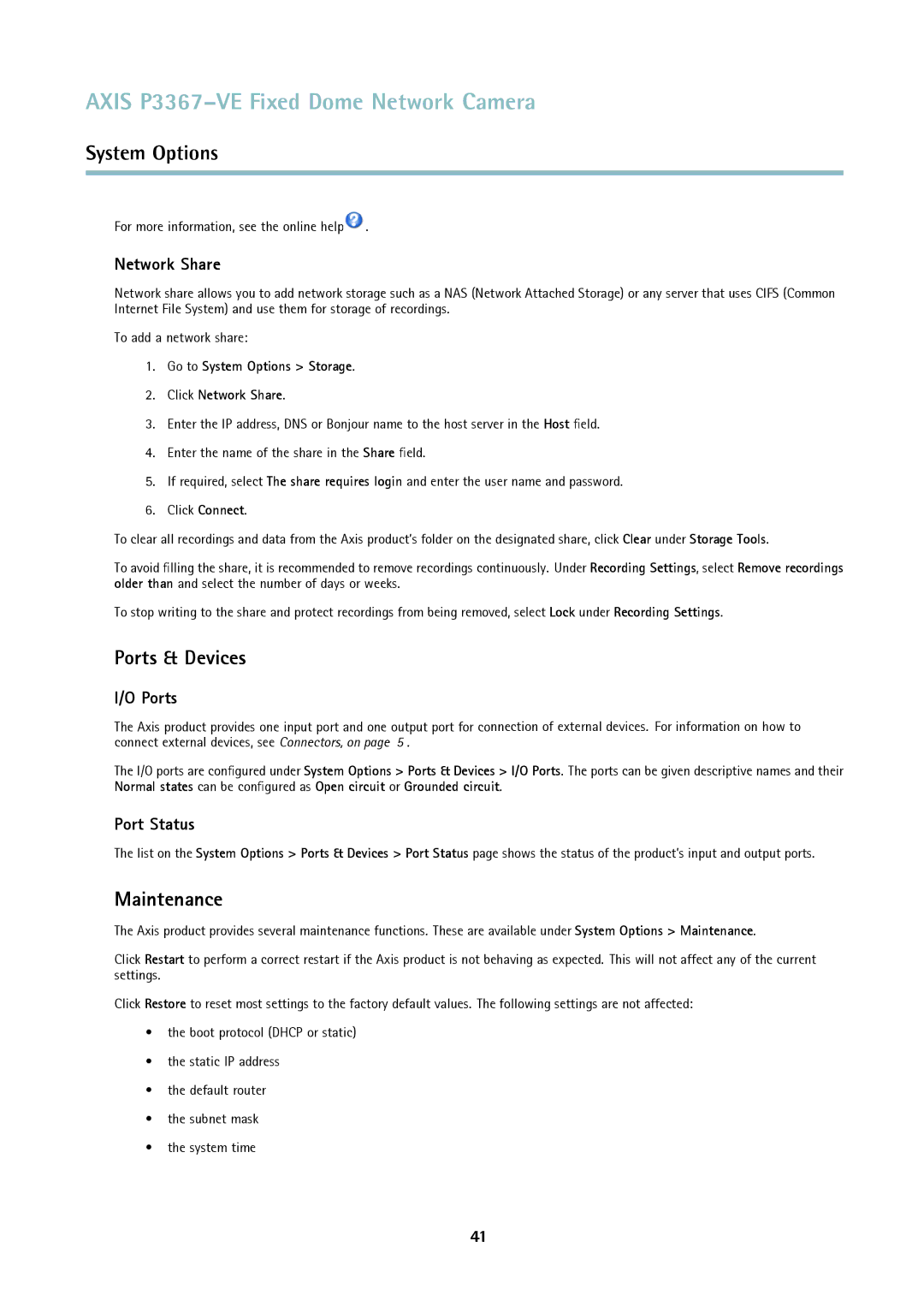 Axis Communications P3367-VE user manual Ports & Devices, Maintenance, Network Share, Port Status 