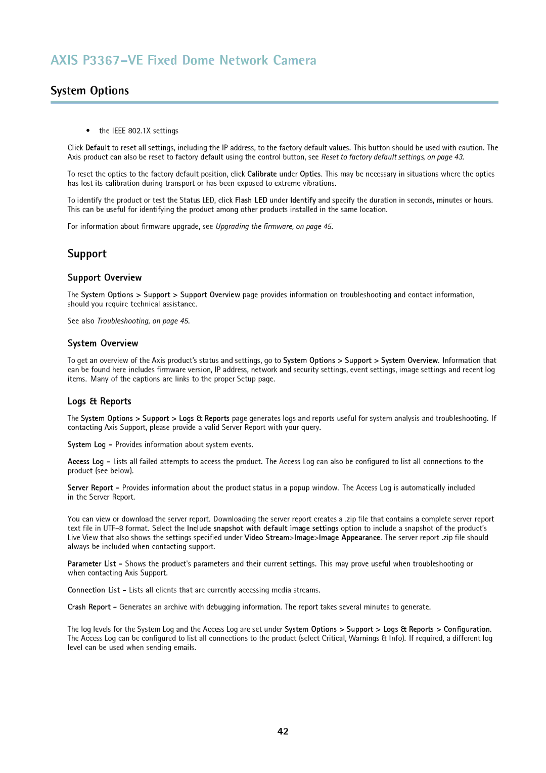 Axis Communications P3367-VE user manual Support Overview, System Overview, Logs & Reports, Ieee 802.1X settings 