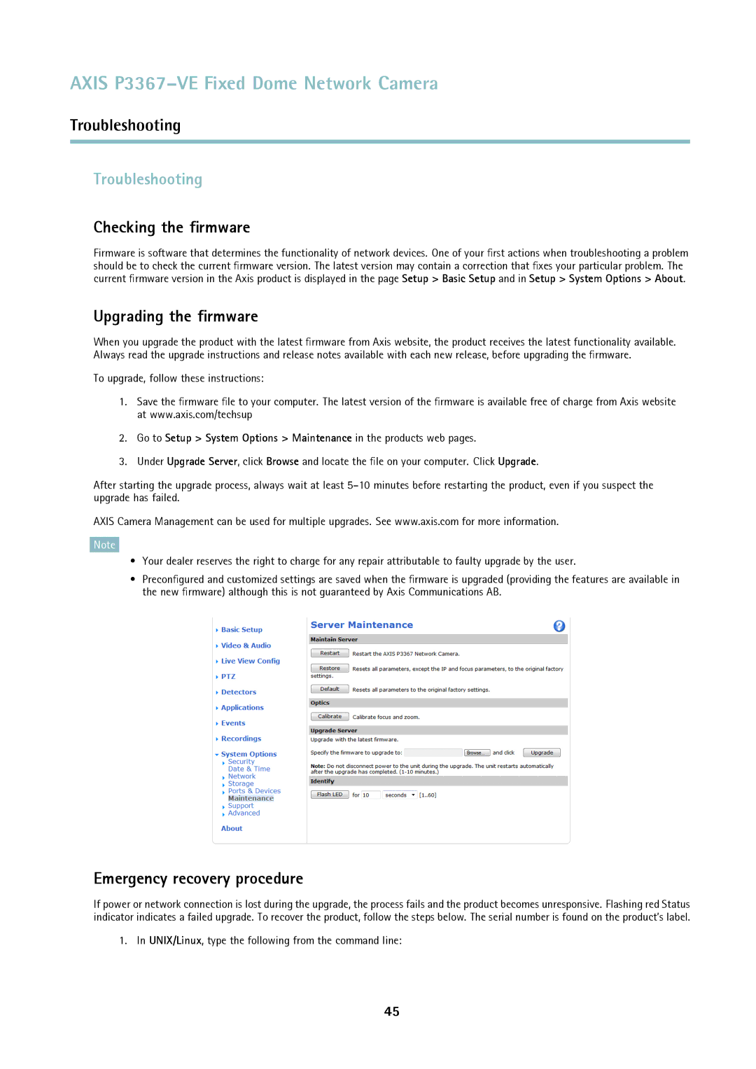Axis Communications P3367-VE Troubleshooting, Checking the ﬁrmware, Upgrading the ﬁrmware, Emergency recovery procedure 