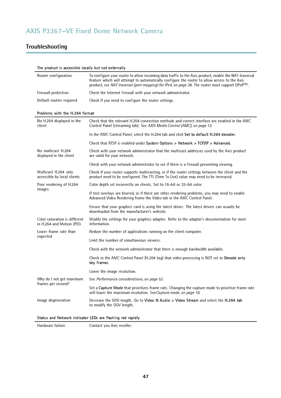 Axis Communications P3367-VE user manual Product is accessible locally but not externally, Problems with the H.264 format 