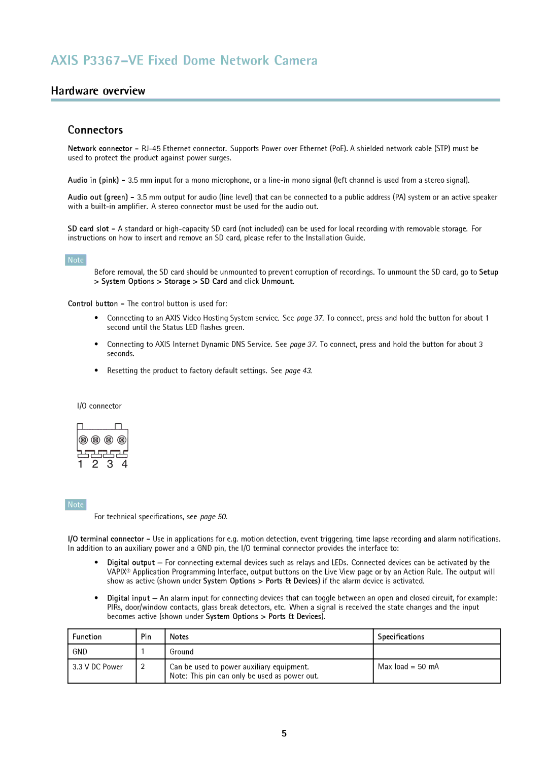 Axis Communications P3367-VE user manual Connectors, Function Pin Speciﬁcations 