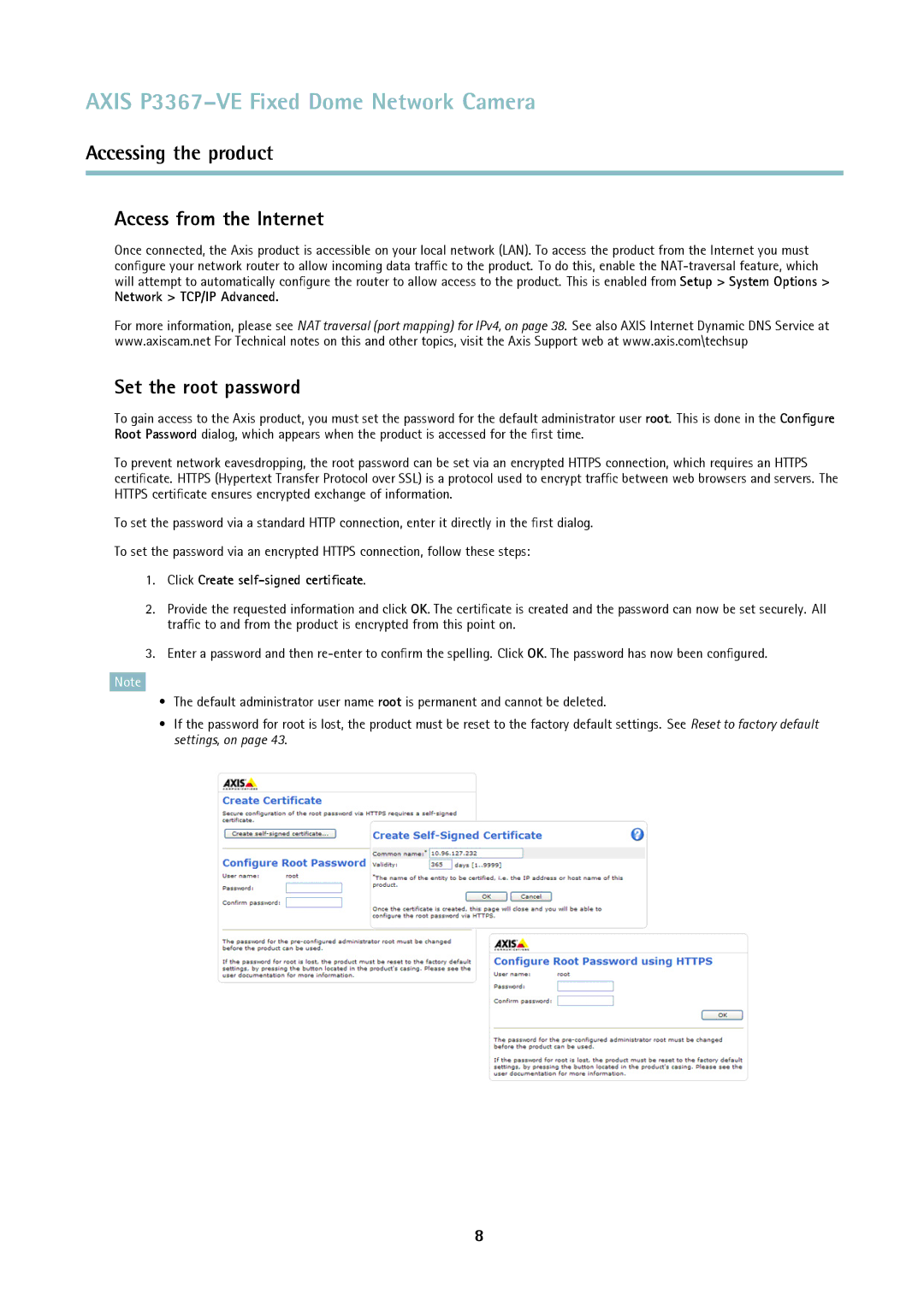 Axis Communications P3367-VE user manual Access from the Internet, Set the root password, Network TCP/IP Advanced 