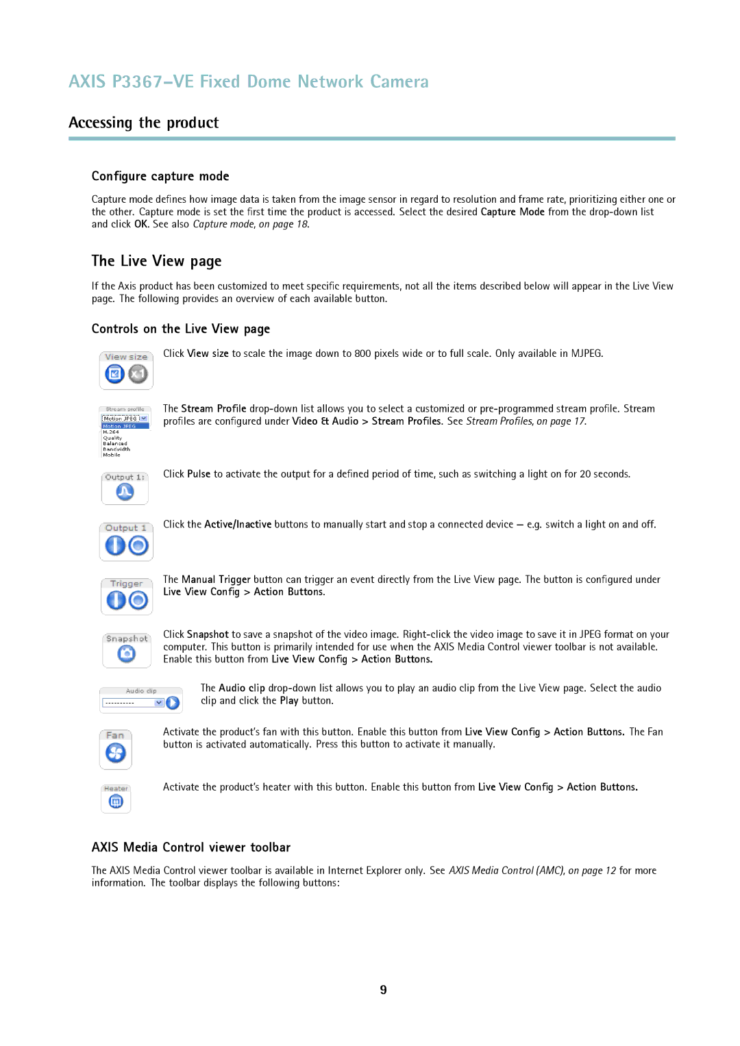 Axis Communications P3367-VE Conﬁgure capture mode, Controls on the Live View, Axis Media Control viewer toolbar 