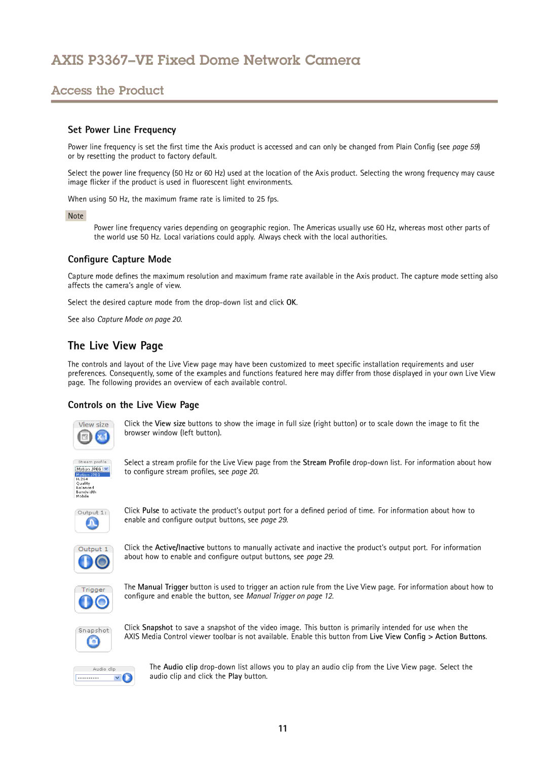 Axis Communications P3367VE user manual Set Power Line Frequency, Configure Capture Mode, Controls on the Live View 